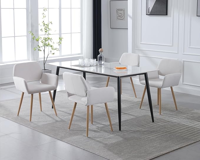 KCC Small Modern Dining Room Arm Chairs 1 Piece, Mid-Century Upholstered Velvet Side Seat Club Guest with Metal Tube Legs for Kitchen, Living Room, Beige