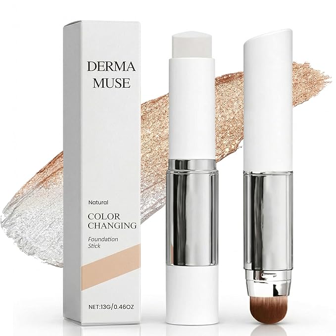 Korean Color Changing Foundation, 2 in 1 Color Changing Foundation Stick, Concealer Foundation Sticks for Dewy Skin, Dual-Ended with Detachable Brush, Natural (1PCS)