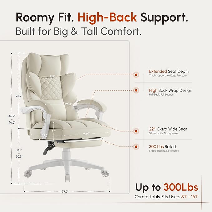Dowinx Big and Tall Office Chair with Pocket Spring Cushion,High Back Computer Gaming Chairs with Linkage Armrests,Executive Desk Chairs with Footrest,PU Leather-White