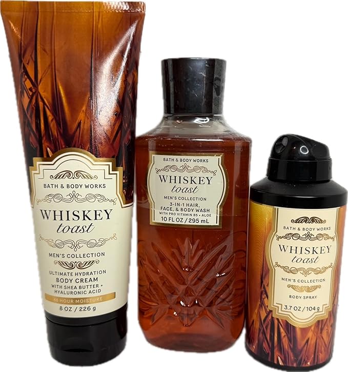 Bath & Body Works Men's Whiskey Toast 3-in-1 Hair, Face & Body Wash, Cream, and Spray 3 Piece Set