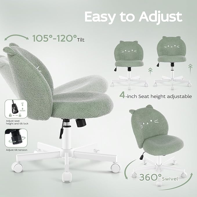 Vanity Chair with Cat Back,Armless Desk Chair Cute Small Office Chair,Teddy Fabric Computer Chair with Adjustable Height,120°Tilting,Rolling,Swivel for Vanity,Kids Room,Office,Bedroom Green
