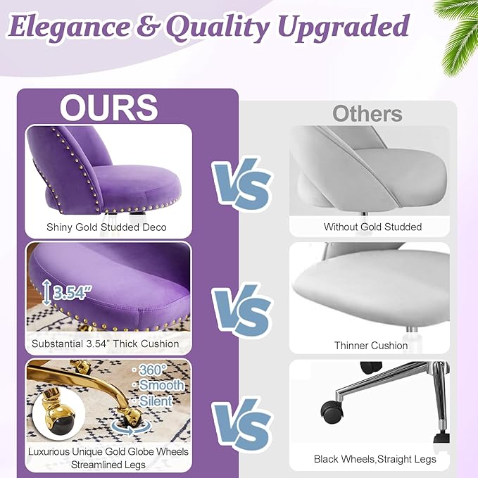 VINGLI Modern Velvet Small Office Chair,Cute Desk Chair with Wheels,Gold Base/Studs, Comfy Armless Swivel Vanity Task Chair for Women/Girl/Kids, Nail Tech Chair for Bedroom,Small Space,Violet Purple