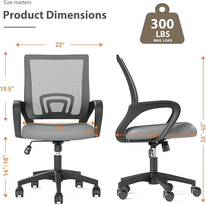 Home Office Chair, Ergonomic Mid-Back Mesh Desk Chair with Lumbar Support, Adjustable Swivel Rolling Design, Comfy Armrest for Work, Study, Gaming, Vanity (Light Gray, Single Chair)