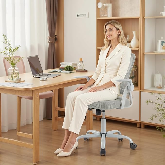 DUMOS Home Office Computer Chair - Ergonomic Mid Back Desk with Lumbar Support and Rocking Mode, Height Adjustable with Flip-up Armrest, for Conference Meeting Room, 360° Swivel, Adults, Grey