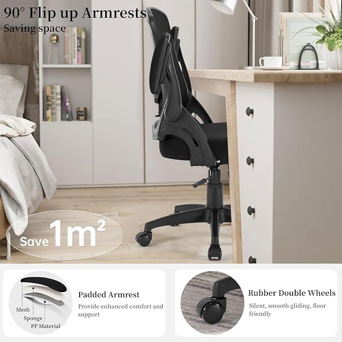 Ergonomic Office Chair Comfy, Mesh Desk Chair with Flip up Armrests, Swivel Computer Desk Chair with Adjustable Lumbar Support and Height for Home Office, 300 lbs Capacity