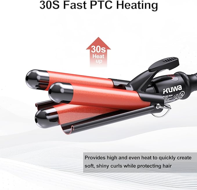 kuwa Three Barrel Curling Iron,Hair Crimper with LCD Temperature Display,1 Inch Crimper Hair Tool,Dual Voltage Hair Crimper,Beach Waver Curling Iron (Black)