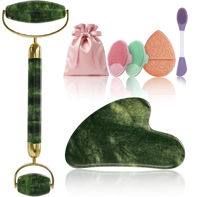Rena Chris Gua Sha and Face Roller Set - 7 in 1 Face Skin Care Tools with Facial Cleansing Brush, 2 Silicone Scrubber Pads & Face Sponge, Travel Bag, Beauty Gift for Women