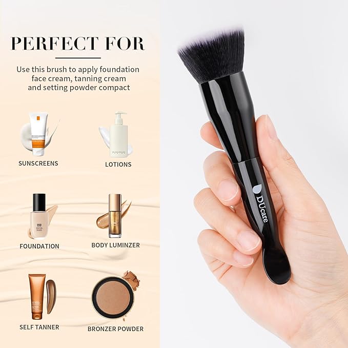 DUcare Foundation Brushes Flat Top Self Tanner Brush Dual-Ended Kabuki Brush with Spoon Handle for Liquid, Cream and Powder Face Makeup With Handle