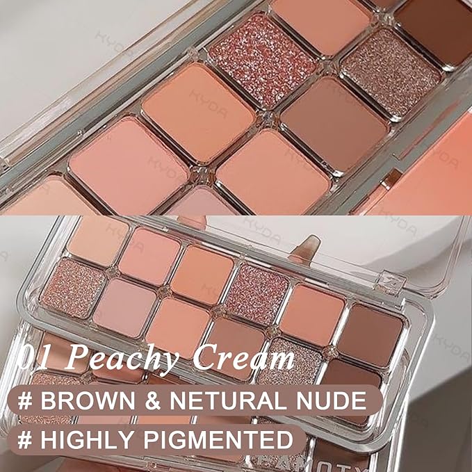 KYDA 12 Colors Peachy Cream Eyeshadow Palette with Brush, High Pigment Matte Shimmer Nude Eye Shadow, Netural Eyes Palette for Women, Soft Blendable Powder Eyeshadow, Korean Eyes Makeup