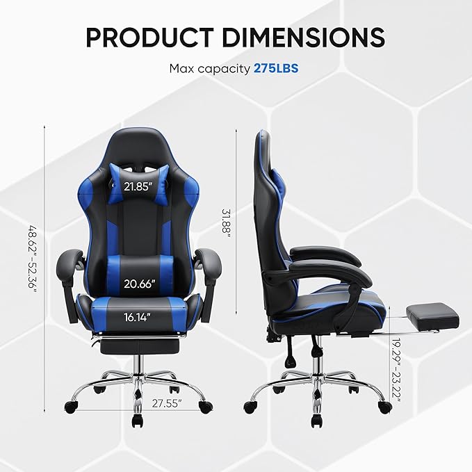 NEWBULIG Computer Gaming Desk Chair - High Back Ergonomic Lumbar Support with Footrest and Headrest, Comfy PU Leather Recliner with Linkage Armrest, Height Adjustable and 360° Swivel, Blue