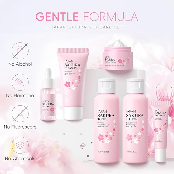 6Pcs Sakura Skincare Kit For Teenage Girls Women, Beauty Travel Skincare Gift Set, The Skin Care Set Includes Facial Cleanser, Toner, Lotion, Essence, Eye Cream And Face Cream