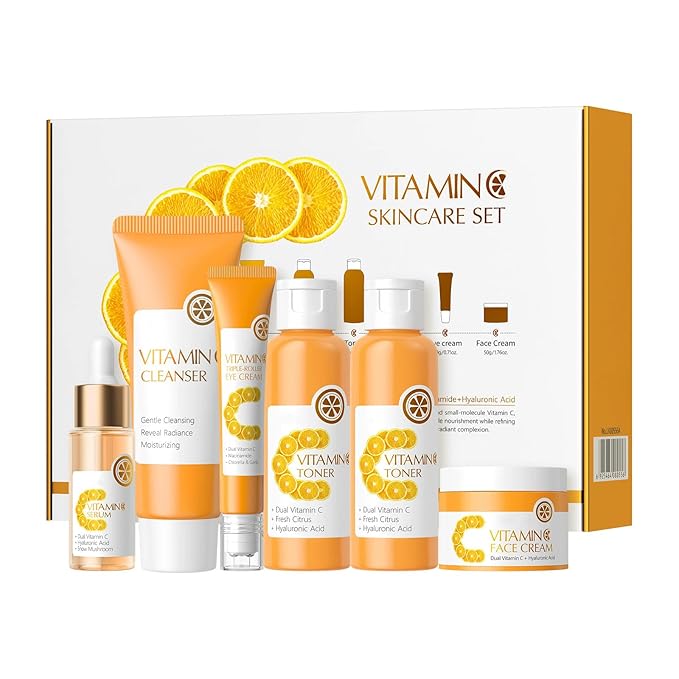 6-Piece Hydrating Skincare Set with Vitamin C & Niacinamide, Full Size Daily Face Care Kit for All Skin Types Includes Toner, Serum, Cleanser, Face Cream, Gift Box for Women and Girls
