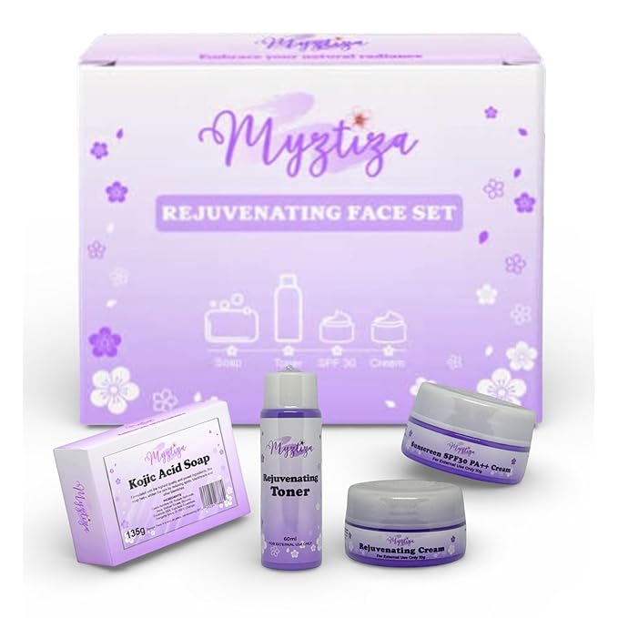 Rejuvenating Face Set – 4-Step Skincare Kit for Glowing, Smooth & Radiant Skin | Kojic Acid Soap, Rejuvenating Toner 60 ML, Rejuvenating Cream, Sunscreen Cream with SPF 30