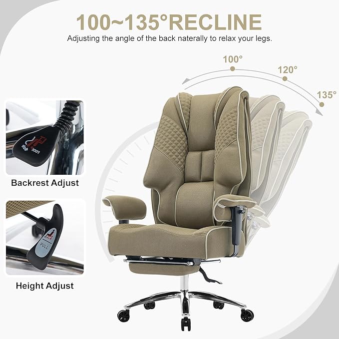 Big and Tall Office Chair 400lbs Wide Seat, Leather High Back Executive Office Chair with Lumbar Support, Ergonomic Chairs Padded Armrests & Thick Cushion (Mesh Green)