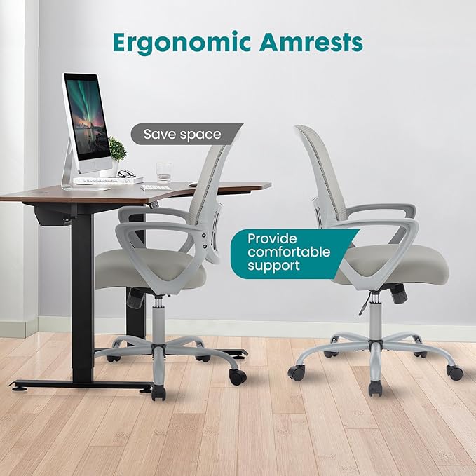 DUMOS Home Office Desk Chair - Ergonomic Mid Back with Lumbar Support & Fixed Armrest, Height Adjustable with Rocking Mode, Storage Back for Computer, Gaming, Conference, 360° Swivel, Grey
