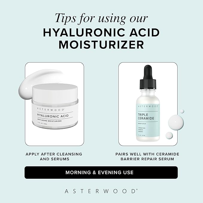 Asterwood Hyaluronic Acid Moisturizer for Face - Hydrating, Moisturizing, Lightweight - Anti-Aging Moisturizer - Fragrance-Free, Cruelty-Free - For All Skin Types Including Dry & Oily - 1.7 Fl Oz
