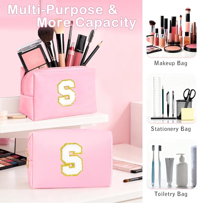 Initial Makeup Bag - Birthday Gifts for Girls 4 5 6 7 8 9 10 11 12 Year Old Teen Girls, Personalized Teen Girl Gifts - Preppy Cosmetic Bags Cute claw clips for Kids Women (Pink S)