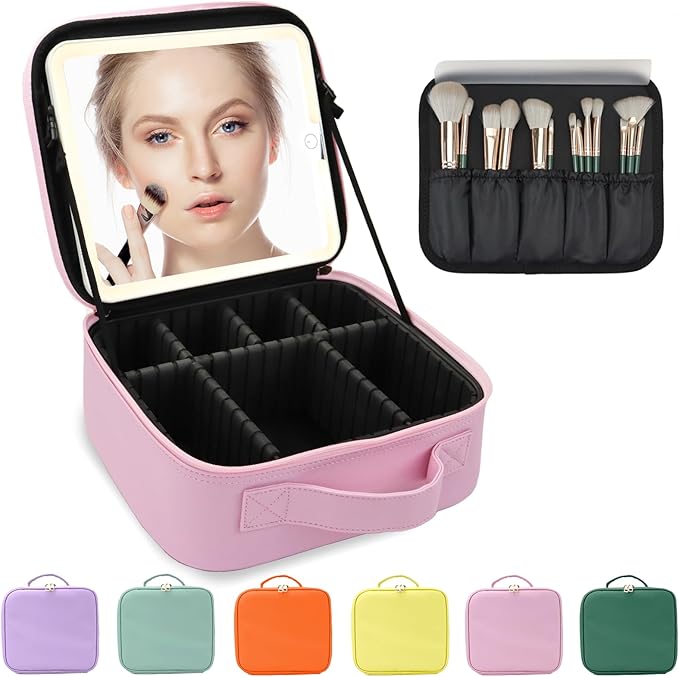 Makeup Bag with Led Mirror,Large Vanity Makeup Cases with 3 Color Setting,Portable Storage and Adjustable Dividers,for Women and Makeup Artists Cosmetic Organizer Travel Makeup Bag-Light Pink