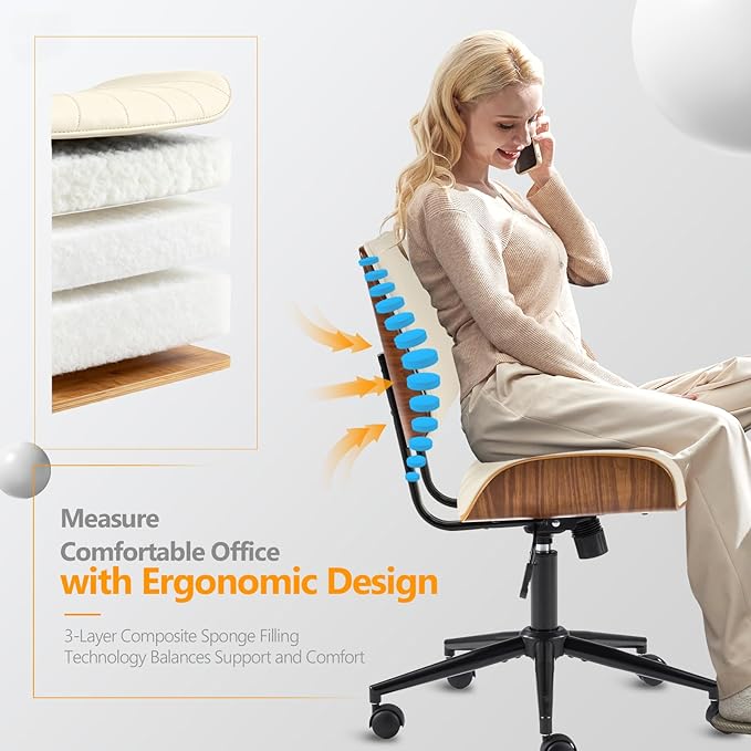 VINGLI Wide Curved Seat&Back Armless Home Office Chair,Ergoromic Adjustable-Height Desk Chair,Swivel&Tilting Function,Stylish Walnut Task Chair for Meeing Room,Dining Room,PU,Khaki