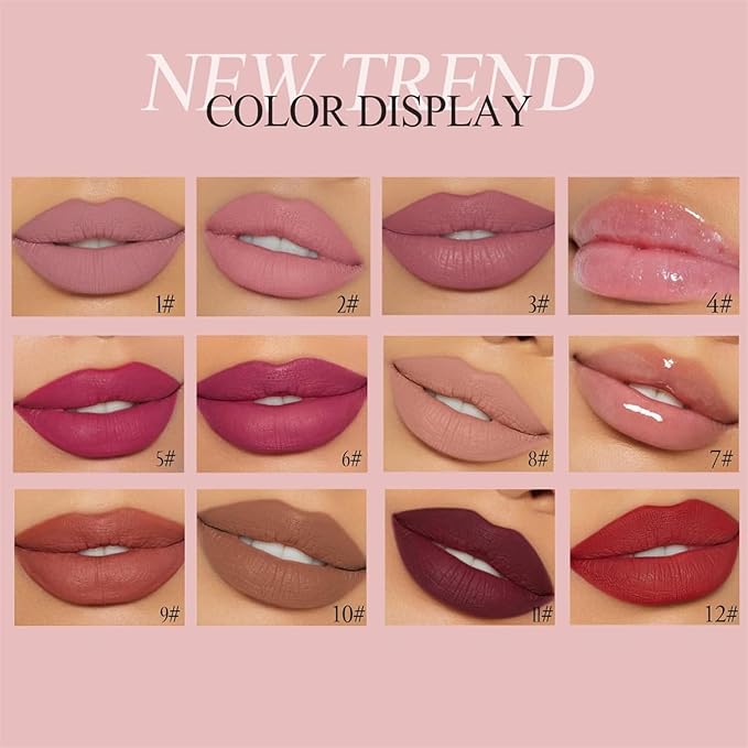 12Pcs Nude Matte Liquid Lipstick Set, Waterproof Long Lasting Non-Stick Cup 12 Colors Nude Lipstick 24 Hour Not Fade Matte Lipstick Professional Lip Gloss Makeup Valentine's Day Gift Sets for Women