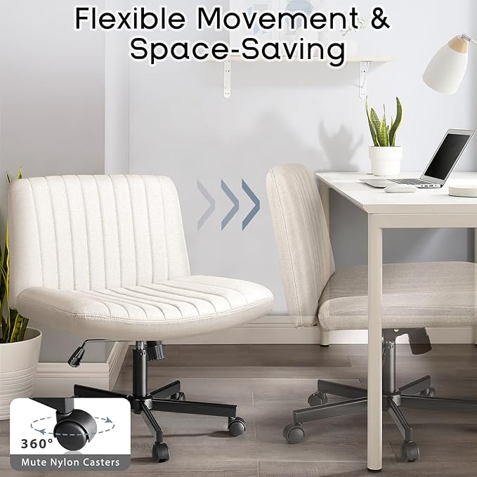PUKAMI Criss Cross Chair,Comfy Cross Legged Office Desk Chair No Wheels,Modern Fabric Swivel Adjustable Height Mid Back Wide Seat for Home Office Computer (Beige with Wheels)