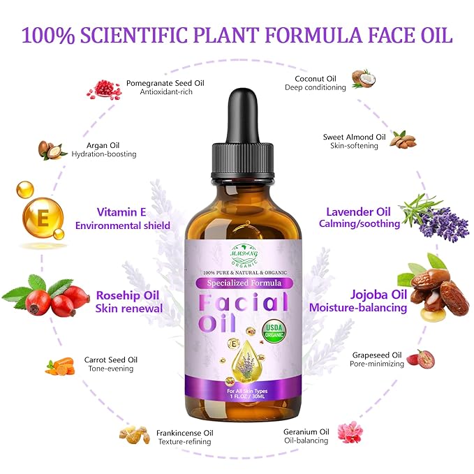 Organic Face Oil with Lavender, Rosehip, Frankincense, Pomegranate & Vitamin E - USDA Certified Cold Pressed 100% Natural Anti-Aging Facial Oil for Moisturizing, Brightening - 1oz / 30ml