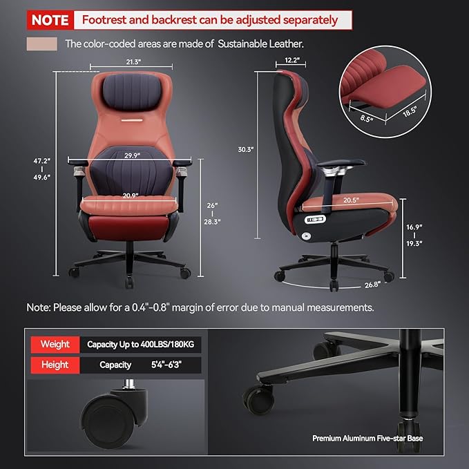 EMIAH GT100 Electric Ergonomic Office Chair with Foot Rest, Sustainable Leather Reclining High Back Desk Chair with Adjustable Headrest, 8D Coordinated Armrests Computer Chair with Lumbar Support（Red）