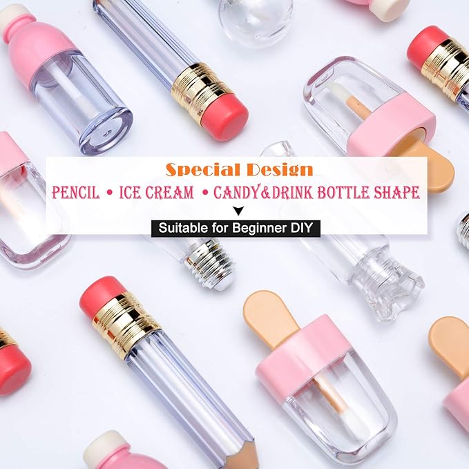 24 Pieces Novelty Empty Lip Gloss Tubes Bulk, Ice Cream and Funny Light Bulb Shaped Lipstick Balm Tube, Creative Lollipop Shape, Bottle and Candy Lipstick Glaze Tube, Pencil Lip Oil Bottles, 6 Styles