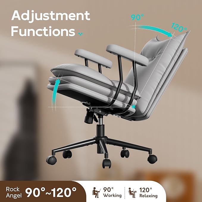 Grey Office Chair with Triple-Layers Thicken Wide Seat, Mid Back Leather Desk Chair with Wheels and Arms, Mid-Century Modern Computer Chair for Home Office