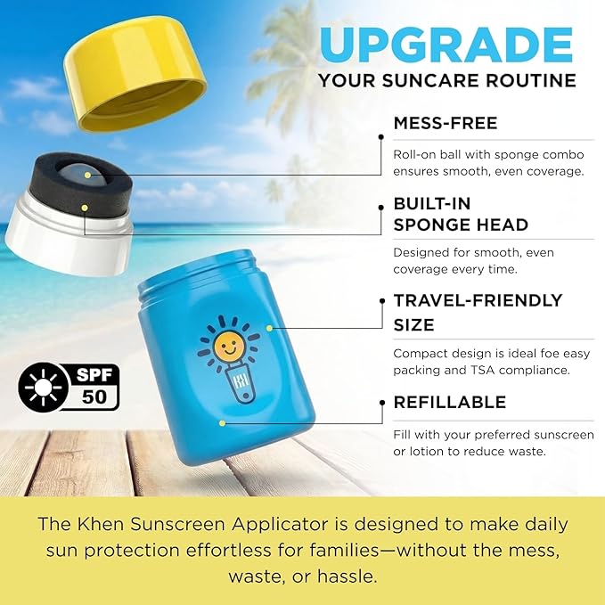Sunscreen Applicator With Broad Spectrum SPF 50+ Sunscreen UVA/UVB Protection, Water-Resistant 5oz - Kids, Adults & Families, Refillable Roll on Sponge Spill Easy Application, Paraben Dye & Tear Free