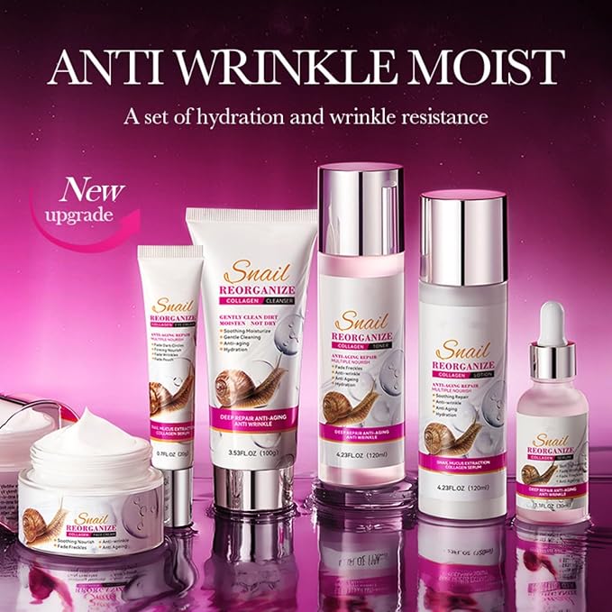 Snail Collagen Skincare Set, 6-Piece Anti-Aging Routine Kit with Cleanser, Toner, Lotion, Eye Cream, Serum, Cream, Moisturizing & Soothing Kit for Women & Men, Firms Skin & Reduces Fine Lines