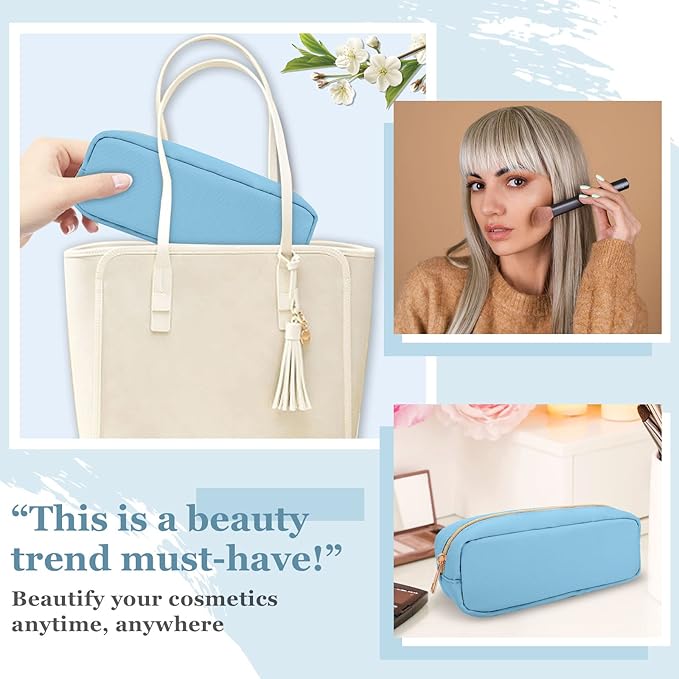 Izuzta Nylon Small Makeup Bag Slim Pouch, Preppy Cute Brush Case, Cosmetic Zipper for Purse, Waterproof Travel Toiletry Clutch Coin Organizer for Women Girls (Blue)