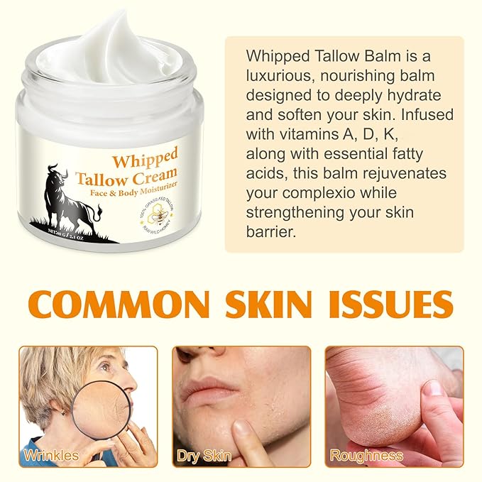 Beef Tallow for Skin, Beef Tallow and Honey Balm for Skin & Face Deeply Nourishing Face Body Moisturizer, for Dry Care & Anti-Aging- 60g