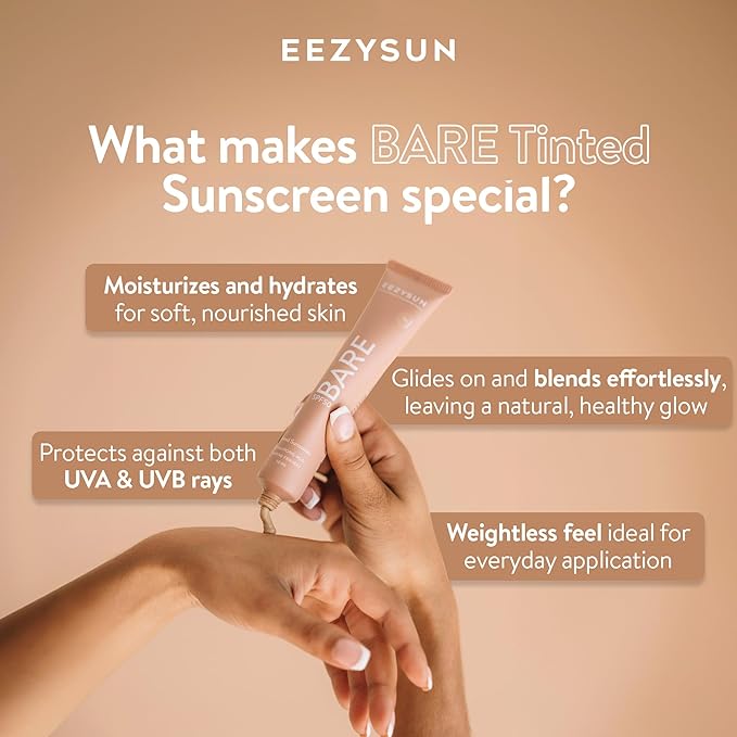 BARE Tinted Sunscreen for Face SPF 50 - Non-Greasy, Weightless, Water-Resistant, Vegan & Reef-Safe Tinted Moisturizer with SPF, Hyaluronic Acid, Jojoba Oil - All Skin Types, 1.69 fl oz - Tan