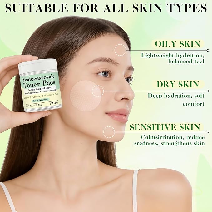 Madecassoside Toner Pads, Facial Exfoliating Pads, Redness Reducing Skin Care, Hydrating Pore Care, Toner Pads for Acne Prone, Oily, Clogged Skin, Non Comedogenic, Ideal for All Skin, 110 Pads