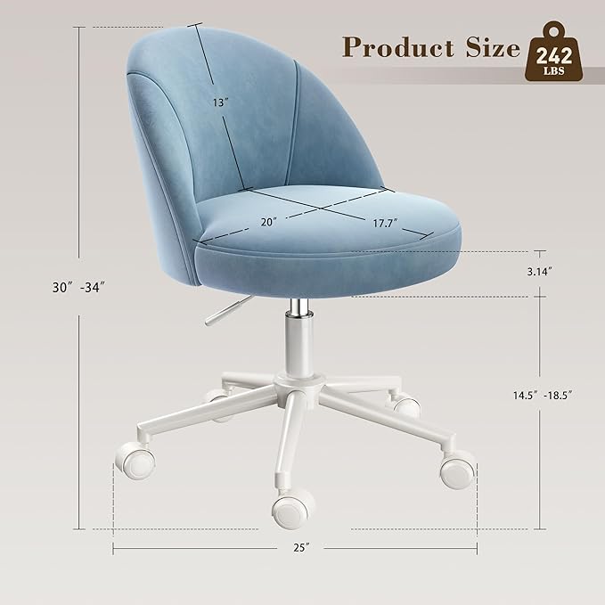 EnHomee Vanity Chair with Wheels, Cute Desk Chair with Back,Comfortable Office Chair with Adjustable Rolling Swivel for Makeup Room Bedroom, Home Office, Armless,Fog Blue