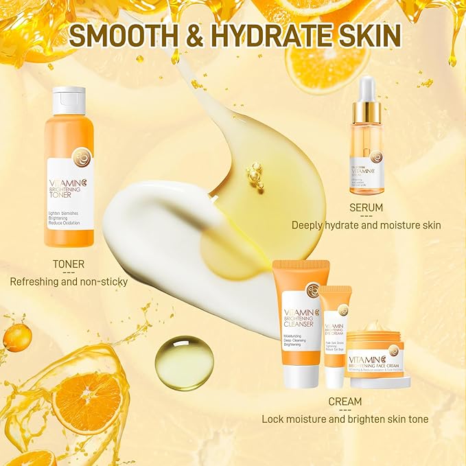 5Pcs Vitamin C Skincare Set, Skin Care for Kids, Skincare Gift Sets with Cleanser, Toner, Serum, Eye Cream, Facial Cream, Skin Care Set for Girls Ages 8-12, Travel Facial Kit for Girls