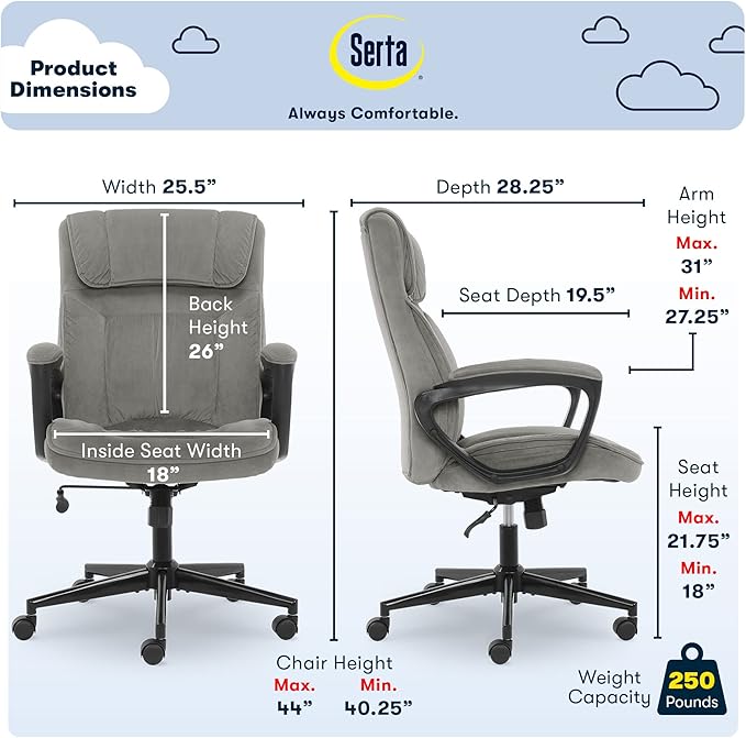 Serta Hannah Executive Home Office Desk Chair, Ergonomic Mid-Back with Lumbar Support, Firm Seat Cushion, Layered Body Pillows, Padded Armrests, Swivel Base, Easy Assembly, Microfiber, Black/Grey