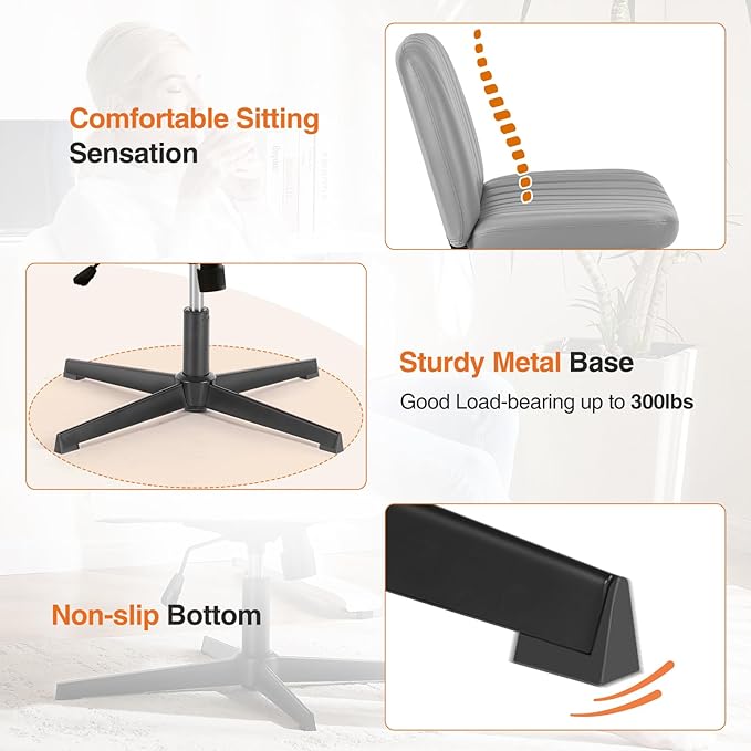 Sweetcrispy Criss Cross Chair Legged, Armless Office Wide Desk Chair No Wheels, PU Leather Swivel Vanity Height Adjustable Fabric Modern Computer Task Seating for Home - Grey