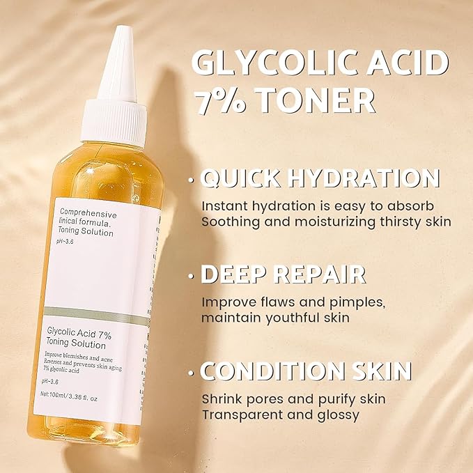 7% Glycolic Acid Exfoliating Toner, Gentle Exfoliating Toner, Smooth Skin, Restores Skin Vitality and Refreshing, Hydrating Formula, Pore Minimizer- 100ml/ 3.38 fl.oz.