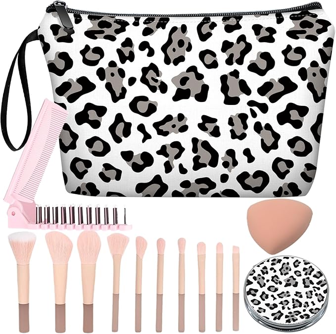 Personalized Small Black and gray leopard print on white background Makeup Bag set with Mirror,Bride Bridesmaid Cosmetic bag with10 pieces brush kit,Birthday Gifts for Women Mom Best Friend