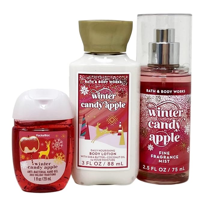 Bath & Body Works Winter Candy Apple Travel Gift Bag Set - Fine Fragrance Mist - Daily Nourishing Body Lotion - Hand Gel - Travel Size