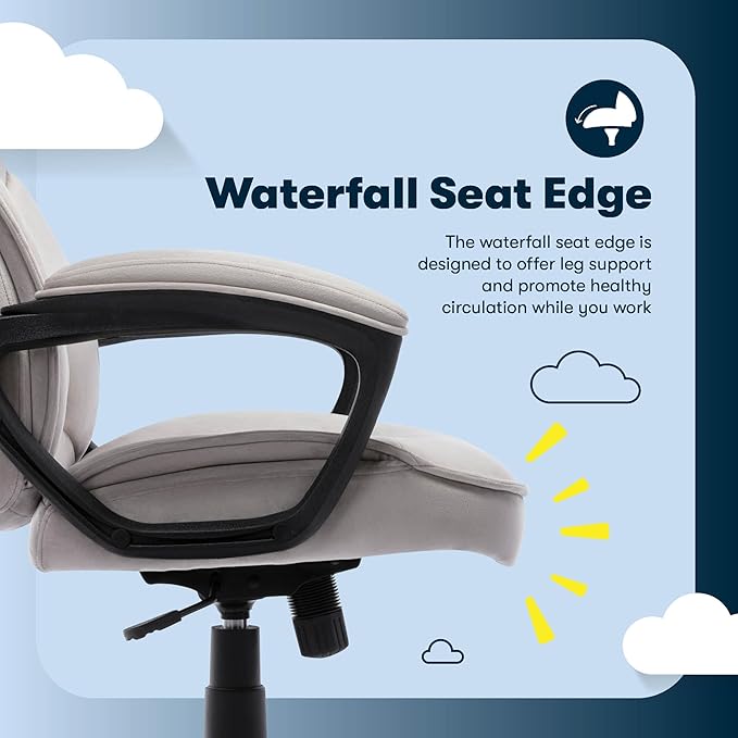Serta Comfort Classic Executive Office Chair, Ergonomic Mid-Back Computer DeskChair with Lumbar Support, Semi-Plush Cushion and Body Pillows, Padded Armrests, Swivel Base, Taupe Velvet Fabric