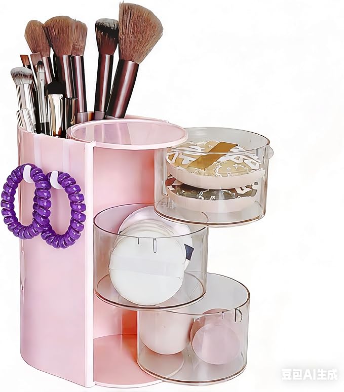 Hair Accessories Organizer with 2 Hooks,3-Layer Rotatable Hair Tie Organizer With Hair Brush Holder,Makeup Brush Holder For Hair Ties,Hair clips,and Hair bows (Pink)