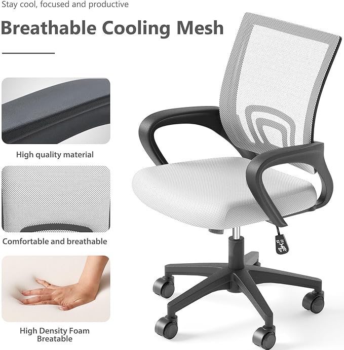Home Office Chair, Ergonomic Mid-Back Mesh Desk Chair with Lumbar Support, Adjustable Swivel Rolling Design, Comfy Armrest for Work, Study, Gaming, Vanity (White, Double Chair)