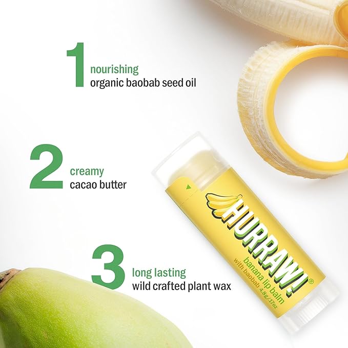 Hurraw! Banana Lip Balm: Organic, Certified Vegan, Cruelty and Gluten Free. Non-GMO, 100% Natural Ingredients. Bee, Shea, Soy and Palm Free. Made in USA