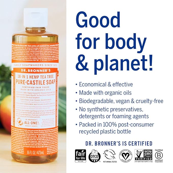 Dr. Bronner's - Pure-Castile Liquid Soap (Tea Tree, 16 ounce) - Made with Organic Oils, 18-in-1 Uses: Acne-Prone Skin, Dandruff, Laundry, Pets and Dishes, Concentrated, Vegan, Non-GMO