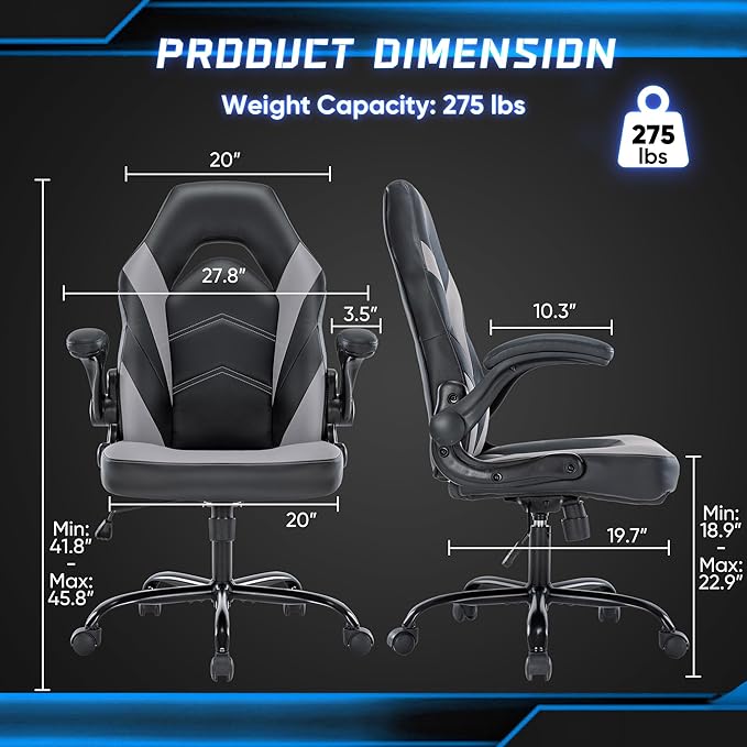 NEWBULIG Computer Gaming Desk Chair - Big Tall Ergonomic Lumbar Support with Flip-up Armrest and 360° Swivel Wheels, PU Leather Height Adjustable, for Home and Office, Grey