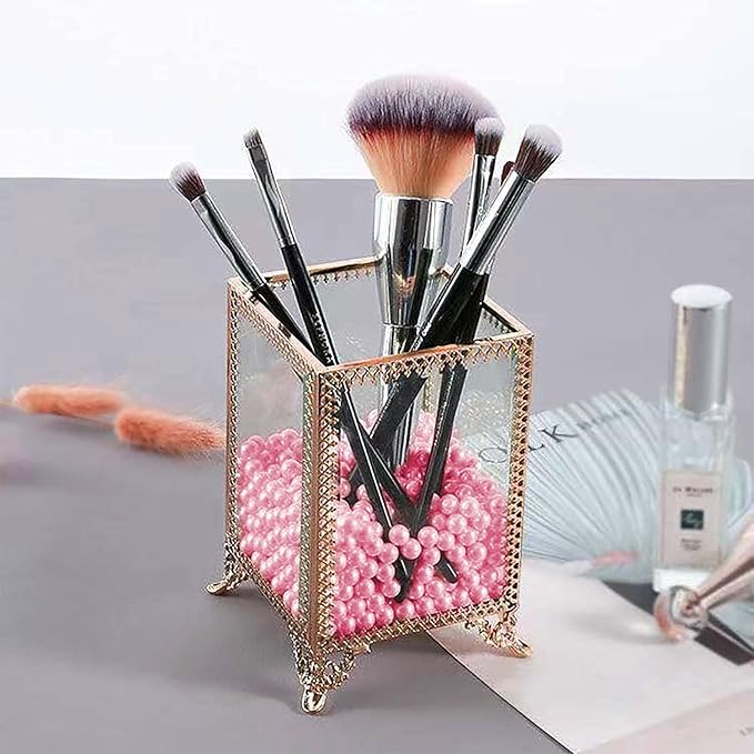 Makeup Brush Holder Vintage Glass Handmade Organizer with Pink Pearls for Nail Brush, Vanity, Bathroom, Dresser, Countertop - Gold