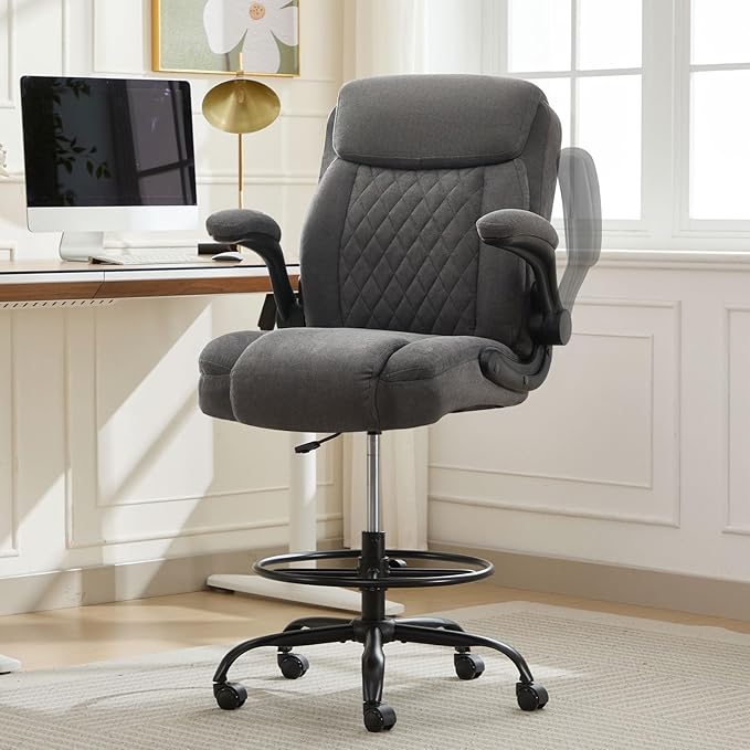 Drafting Chair for Standing Desk – Tall Office Chair with Adjustable Height & Foot Ring, Flip-Up Arms, Lumbar Support – Comfortable Fabric Seat, Ideal Home Desk Chair